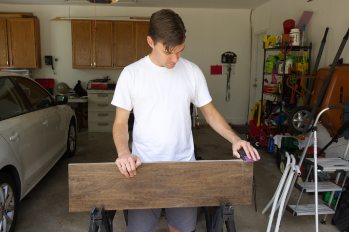 Sanding Poplar Wood Board, Stained with Dark Walnut Mixwax with polyurethane seal