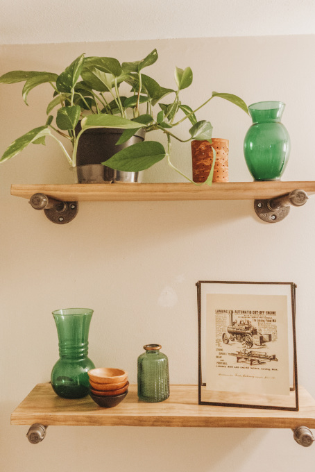 Half bathroom makeover shelving vintage industrial farmhouse decor plants modern shelving above toilet industrial decor