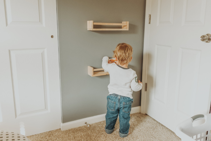 Nursery room toddler bedroom bookshelves storage organizatio IKEA spice racks BEKVAM