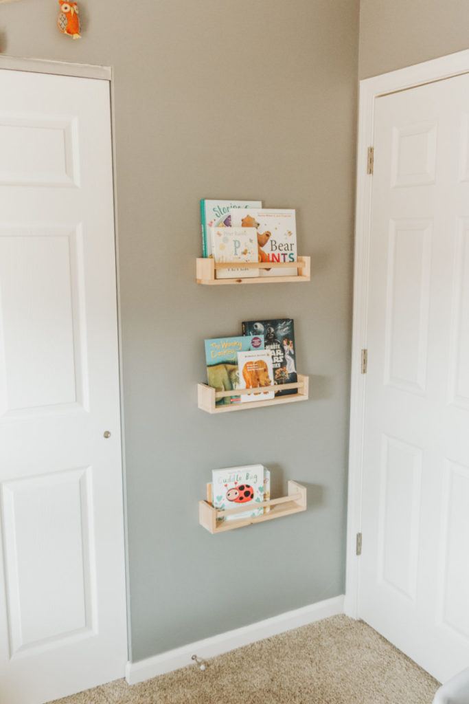 Nursery room toddler bedroom bookshelves storage organizatio IKEA spice racks BEKVAM