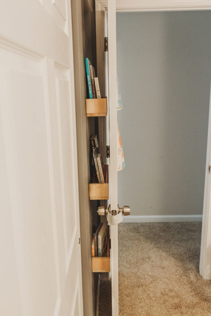 Nursery room toddler bedroom bookshelves storage organizatio IKEA spice racks BEKVAM