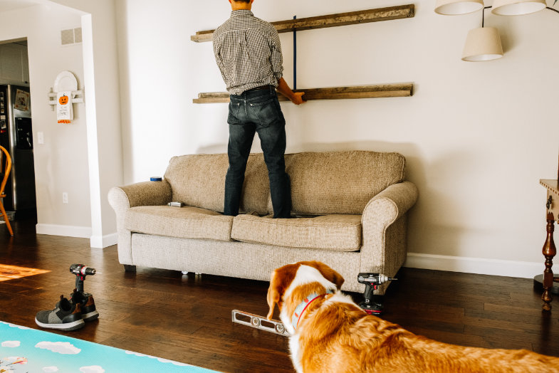 HangingDIY picture frame ledge shelf with laser level